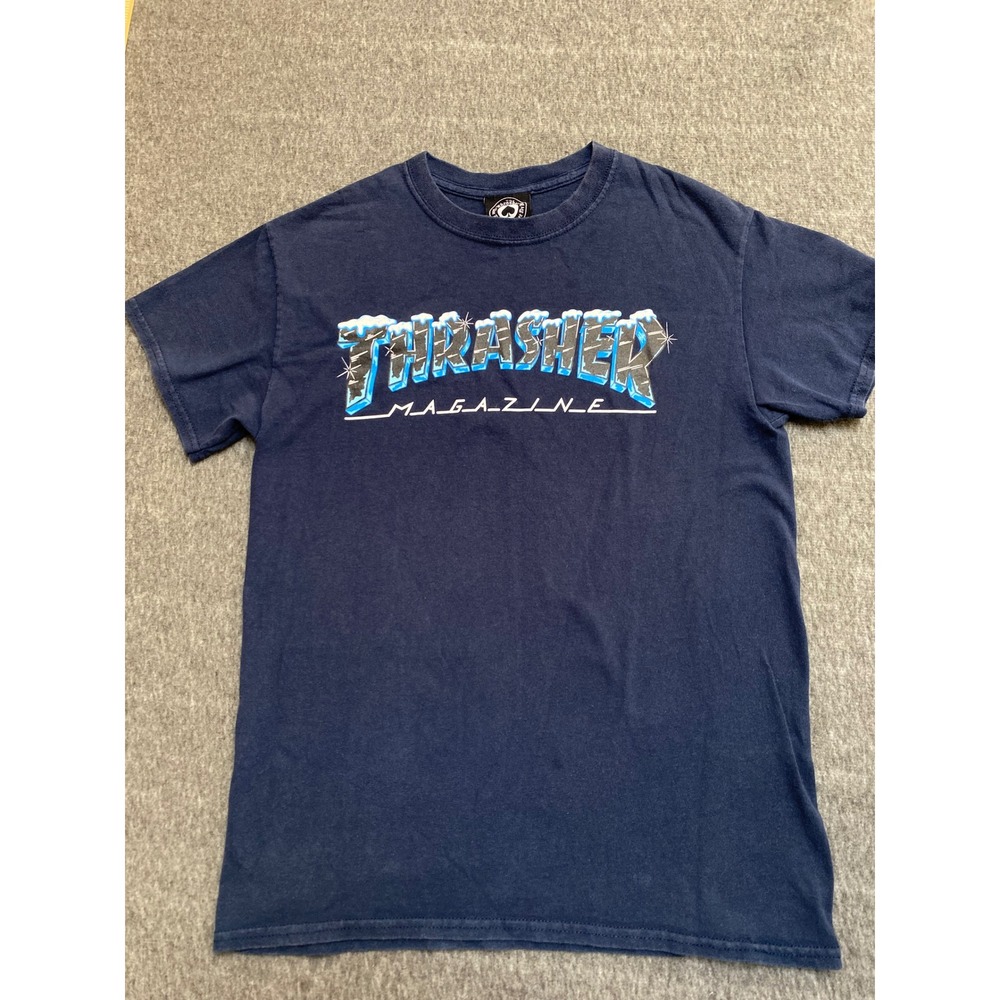 Thrasher Magazine Iced Out Logo Graphic T-Shirt Navy Blue Small Skateboarding